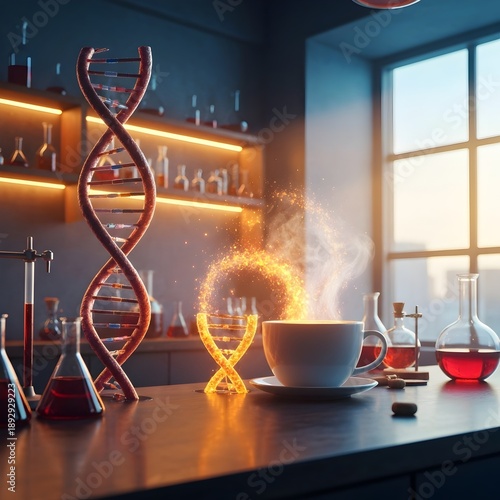 A steaming cup of coffee sits on a laboratory counter surrounded by DNA models and various scientific equipment.