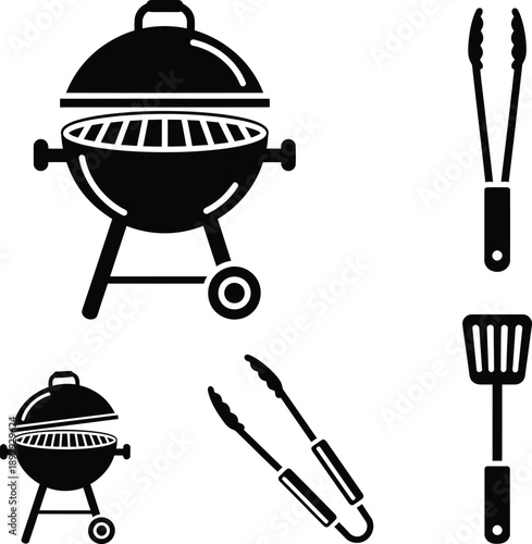 Set of barbecue cooking tools including grill tongs and spatula