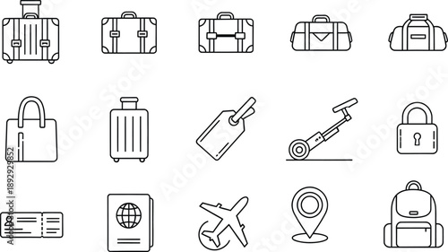 A set of minimalist travel and luggage icons in black and white outline style