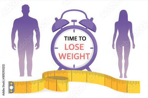 Time to Lose Weight. Weight loss concept. Fat and thin man and woman. 
