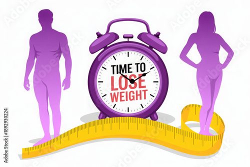 Time to Lose Weight. Weight loss concept. Fat and thin man and woman. 
