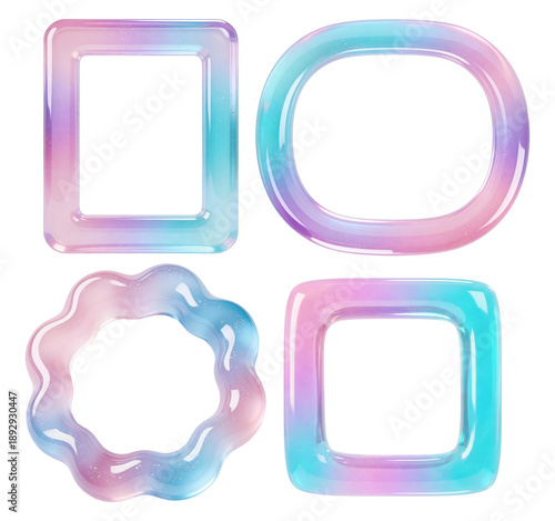 Pastel Glossy Jelly Borders in Y2K-Inspired Style, Wavy and Square 3DSet of Colorful Frames Isolated. 