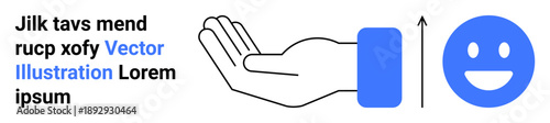 Support, growth, positivity, help, success, personal development. An open hand beside a smile icon and upward arrow. Support and growth concept emphasizing progress and positivity