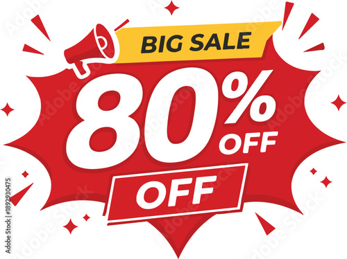 Vector art of red sale badge with 80 percent off text and megaphone