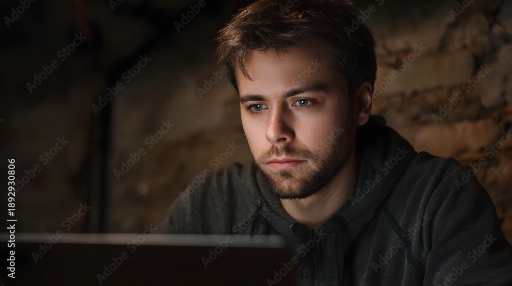 Fototapeta premium Young man engrossed in his laptop screen illuminated by its glow in a dark stone walled room
