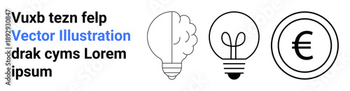 Creativity, finance, innovation, brainstorming, business strategy, economic ideas. Lightbulbs and Euro sign in a clean vector style. Creativity and finance concept