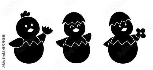 Cute Easter chick black silhouette.
Easter baby chick flat silhouette collection.
silhouette of chick sitting inside an eggshell set.
Spring holiday chick icon vector.
Transparent background.