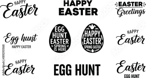 Happy Easter and egg hunt typography bundle with script lettering and decorative egg shapes for holiday cards.