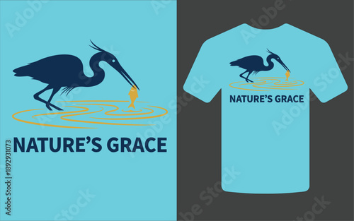 A blue heron design is showcased on both a graphic and a white t shirt
