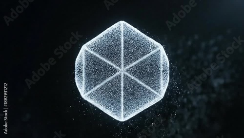 Abstract Geometric Particle: An ethereal hexagon comprised of countless particles shimmers against a dark backdrop, hinting at the beauty of the invisible realm of science and technology.