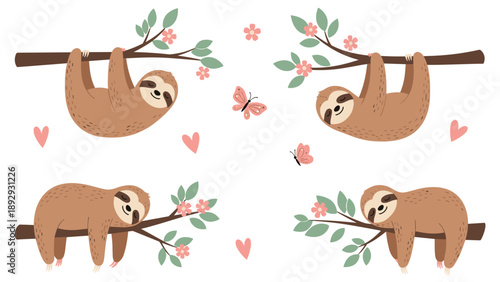 Cute collection of brown sloths hanging from tree branches decorated with pink flowers and butterflies on a white background.