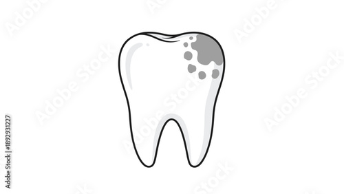 Human molar tooth illustration showing dental decay with dark gray cavity spots on the enamel surface over a plain background.