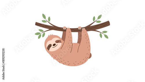 Adorable brown sloth character hanging upside down from a tree branch with green leaves against a minimalist white background.
