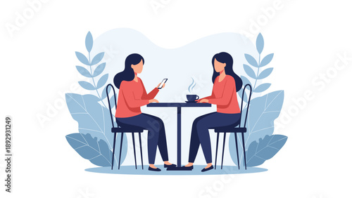 Two women sitting at a coffee shop table engaged in conversation with plants in the background and one person using a phone.