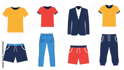 Collection of men clothing items including t-shirts, a blazer, shorts, jeans, and sweatpants presented in a flat vector style.
