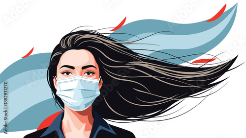 Profile illustration of a woman with long dark windblown hair wearing a medical face mask for protection and safety.