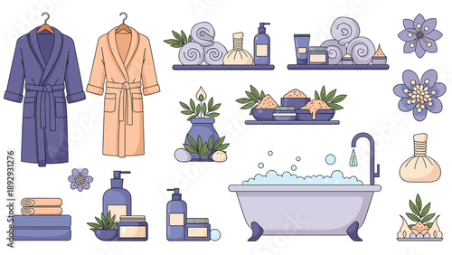 Comprehensive set of spa and wellness icons featuring robes, towels, massage oils, candles, flowers, and a bubbling bathtub.