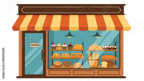 Cozy bakery storefront illustration showing a variety of breads, pastries, and cupcakes in the window under an awning.