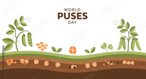 Illustration of World Pulses Day with vector elements showing plants growing in soil with peanuts and pulses, icon-style graphic resources in a flat, colorful style.