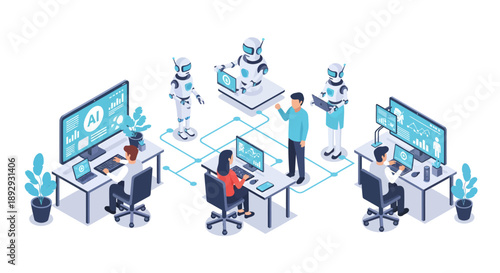Humans and robots collaborating in a modern office workspace.