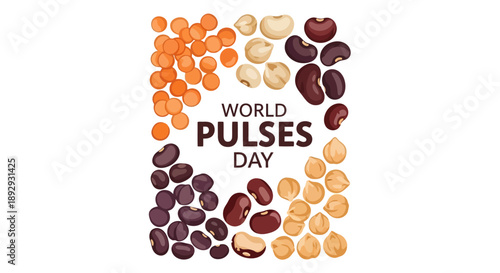 Vector illustration of various pulses and legumes forming a square icon for World Pulses Day in the USA with people and a peanut element.