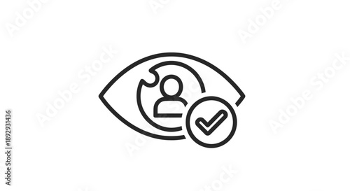 Simple line art icon of an eye with a person and checkmark inside.