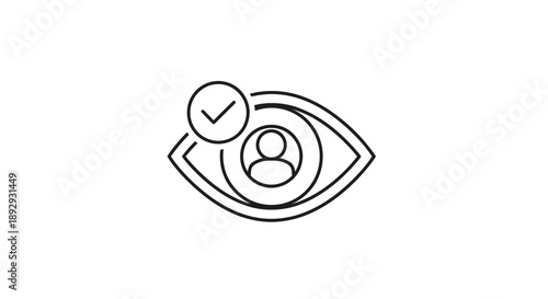 Simple line art illustration of an eye with a checkmark and profile icon.