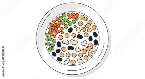 Vector illustration of a plate filled with various pulses, including peanuts, beans, and peas, celebrating World Pulses Day in a colorful and vibrant style on a white background.