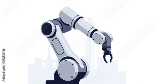 Industrial robotic arm on white background with cityscape silhouette.