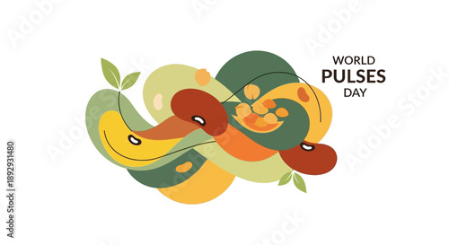 Vector illustration of colorful pulses elements for World Pulses Day in the USA, featuring a stylized icon with a peanut, set against a clean white background with vibrant, earthy tones.
