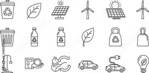 A collection of environmental and ecological icons representing sustainability and green concepts