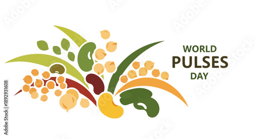 Vector illustration of various pulses and legumes for World Pulses Day in the USA with people icon elements on a colorful background.