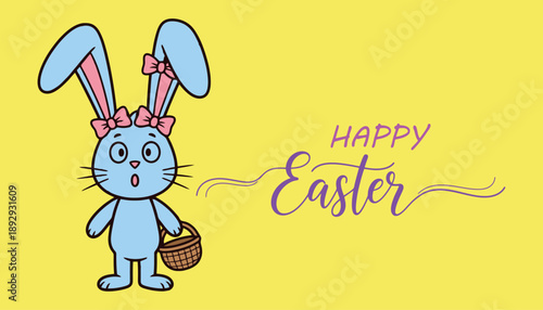 A blue cartoon bunny with a pink bow and basket on a yellow easter background with a surprised expression