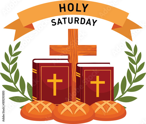 Holy Saturday religious vector illustration with wooden cross holy bibles bread loaves and green laurel wreath decoration