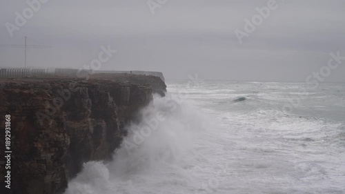 Footage of big waves in the Atlantic slamming into the towering cliffs of Sagres in the Algarve, Portugal. Perfect fornature-focused visual storytelling