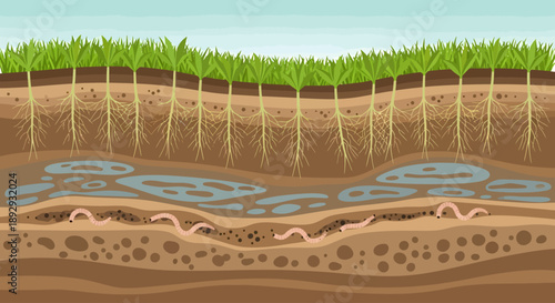 Cross-section of soil layers with plants and underground water flow.