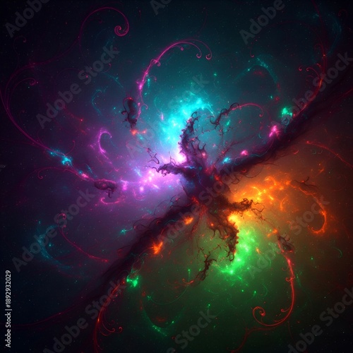 A vibrant and colorful abstract representation of a cosmic nebula in space with swirling patterns and bright lights