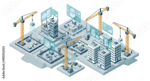 Isometric illustration of construction site with cranes and buildings.