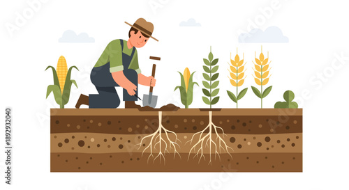 Farmer examining soil layers and plant roots in agricultural setting.