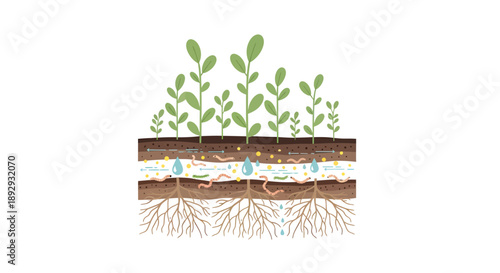 Cross-section of soil layers with plant roots and microorganisms.