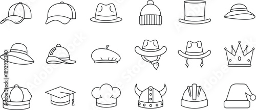 A set of diverse hats and headgear icons in black and white outline style