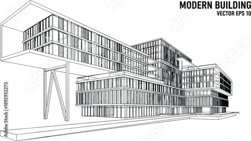 Modern building architectural wireframe with cantilevered floors and glass facade linear perspective vector for urban city development