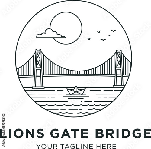 Lions Gate Bridge Vancouver vector line art logo featuring suspension bridge sun birds and paper boat.