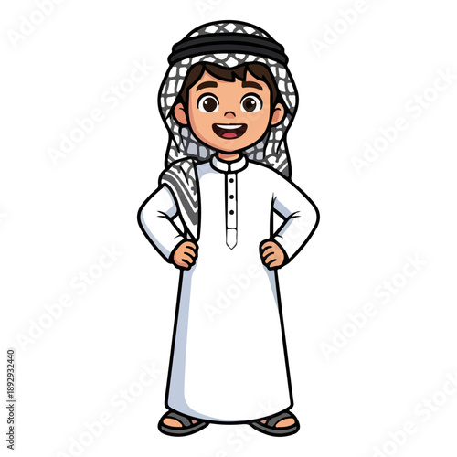Happy Arab Boy Cartoon Character Standing with Hands on Hips.