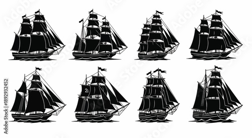 Set of Black Sailing Ship Silhouettes vector illustration