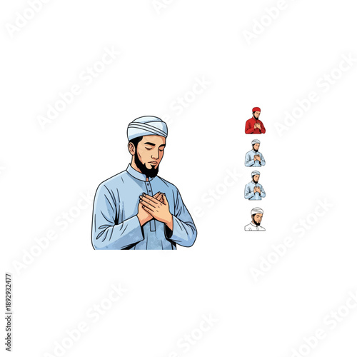 Muslim Man with Turban and Beard Praying with Hands on Chest.