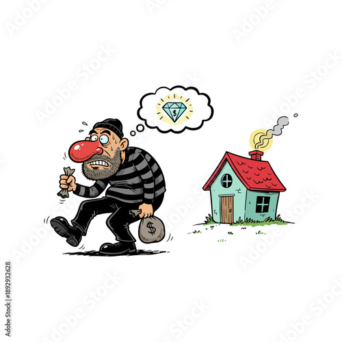 Cartoon Thief Running with Stolen Valuables.