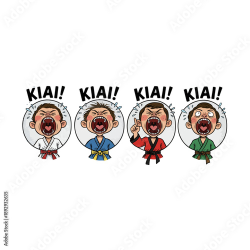 Four cartoon boys in martial arts gis shouting Kiai with open mouths.