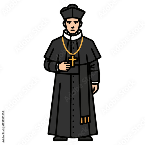 Catholic priest in traditional black cassock and biretta with a golden cross necklace.