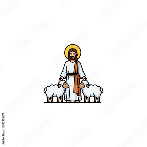 Jesus Christ Shepherd with Sheep Illustration.